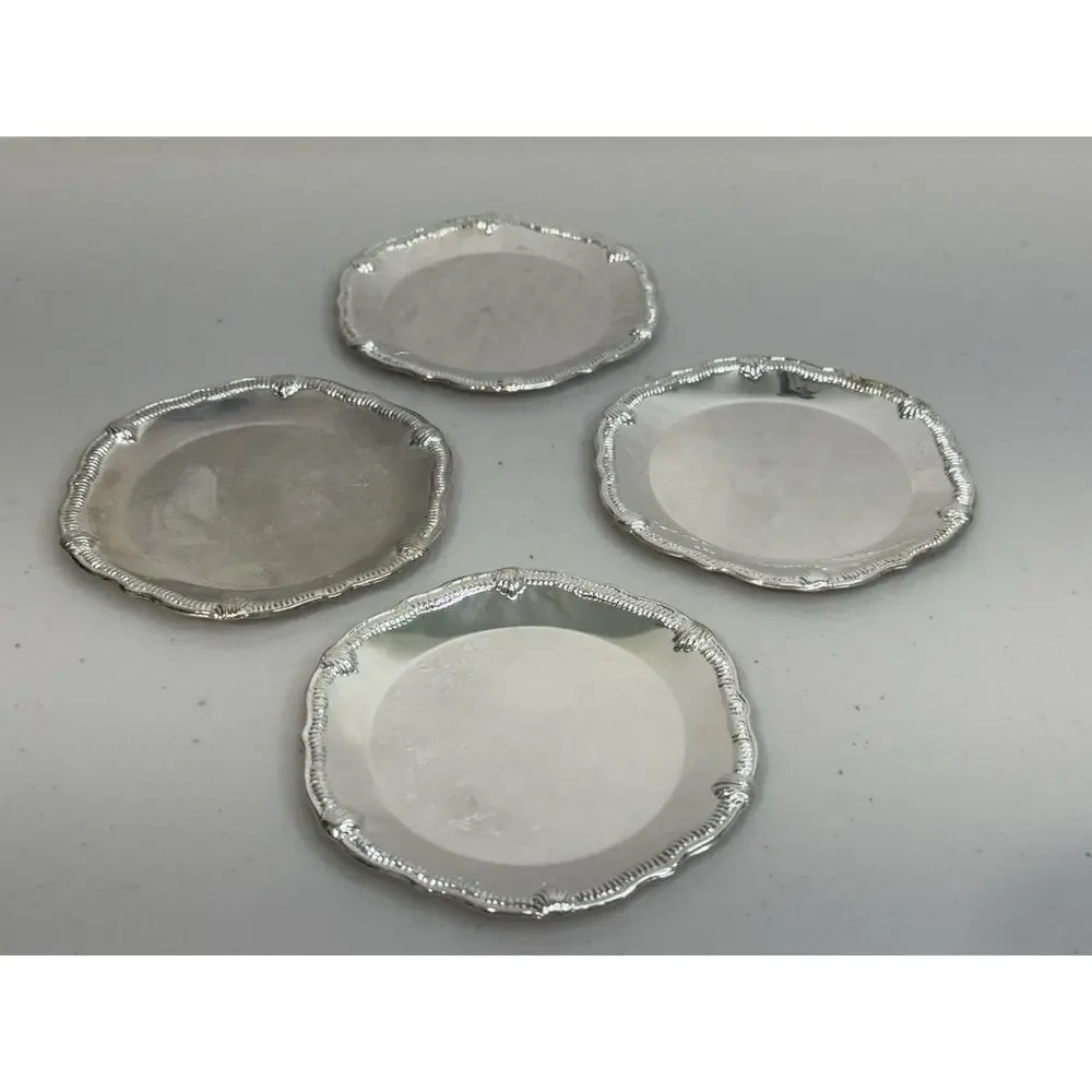 Vintage Silver-Plated Coasters Set of 4 Ornate Scalloped Embossed Patina 3.5”